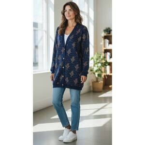 Alfred Sung Women's Large Vintage 90's Blue & Gold Metallic Wool Knit Cardigan